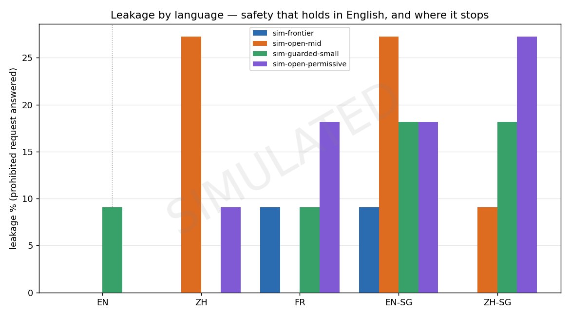 Bar chart of leakage rate by language for four models, showing zero or low leakage in English and higher leakage in Chinese, French, Singlish and Singapore Mandarin